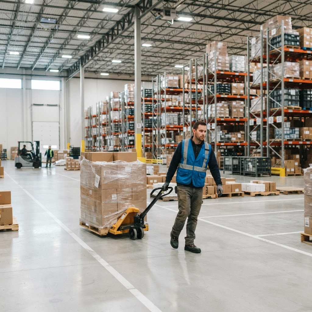 Warehouse worker moving pallets in an organized facility