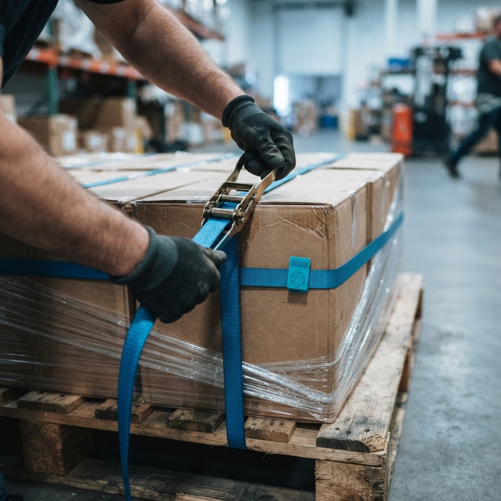 Hands securing a pallet with shipping straps