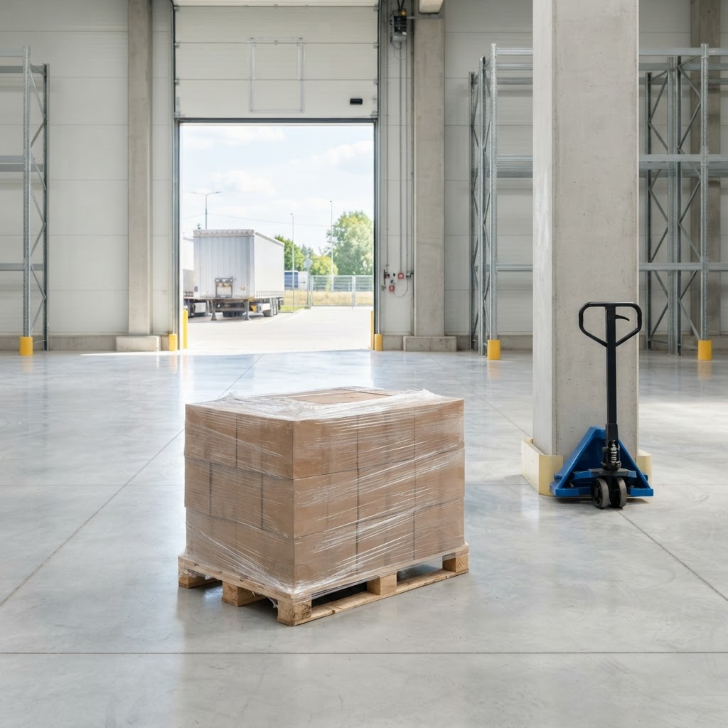 Orderly warehouse interior with a wrapped pallet and pallet jack