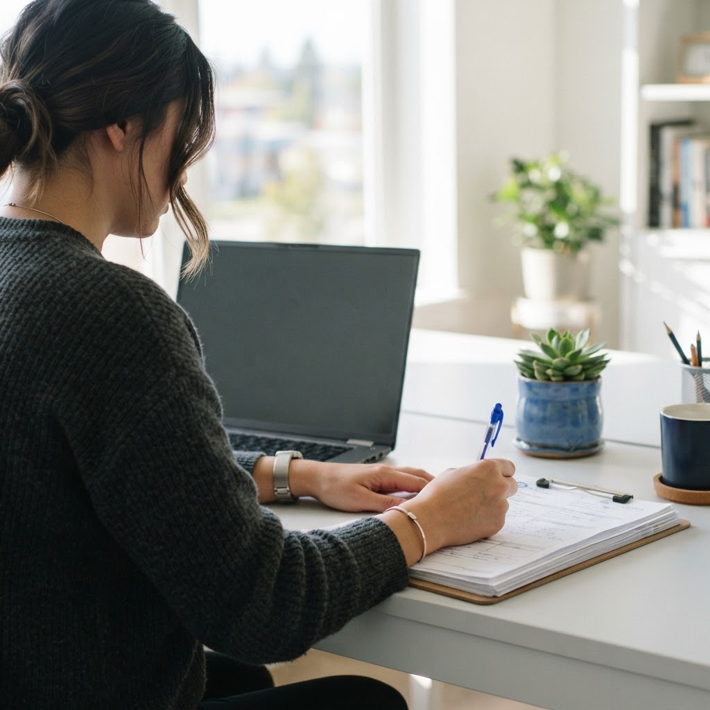 Professional logistics work at a desk with manifests