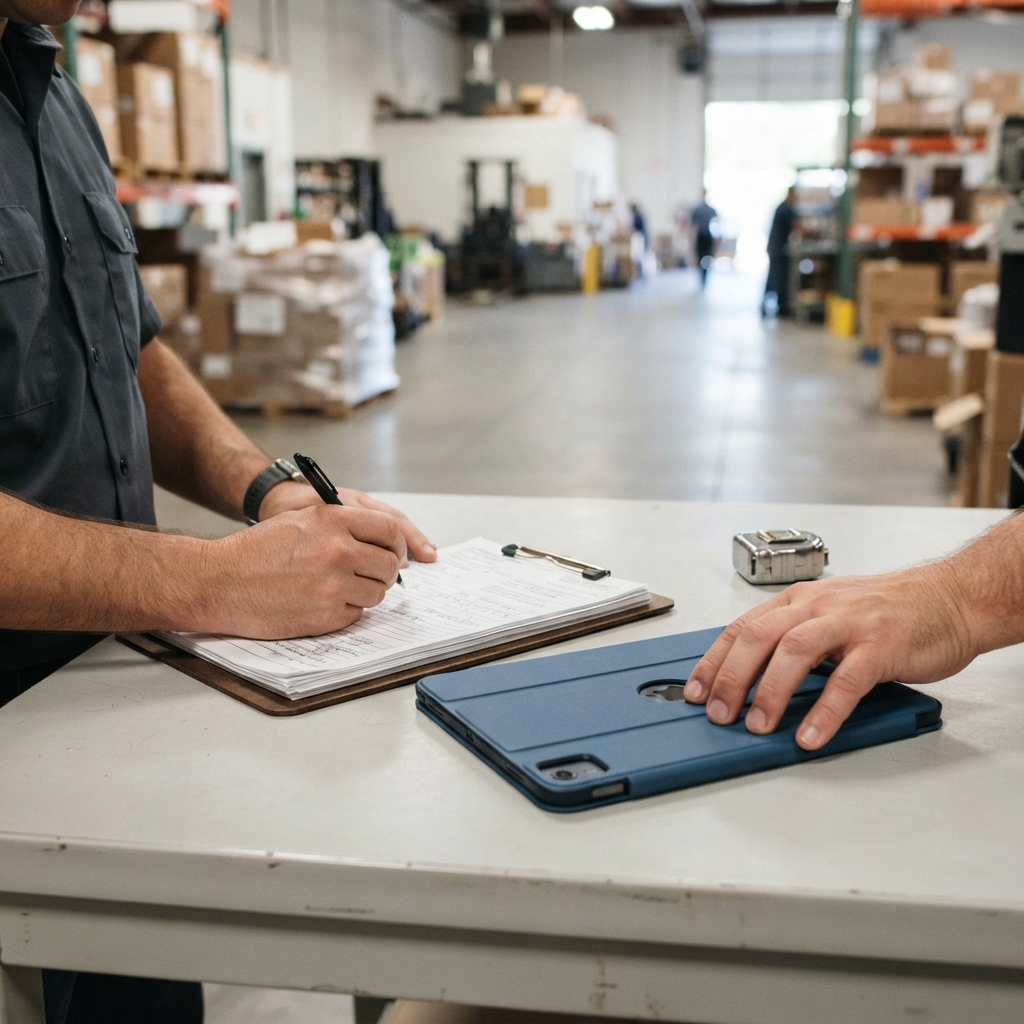 Logistics manager preparing shipping paperwork on a desk