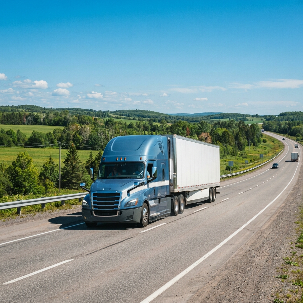 Modern freight truck driving on a Canadian highway