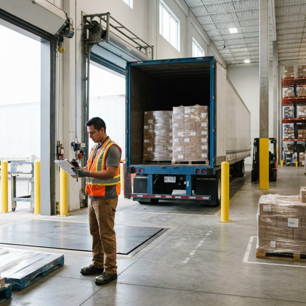 Worker preparing a full truckload shipment at a warehouse dock