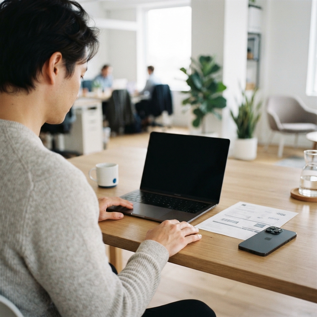 A person preparing for freight documentation at a clean desk