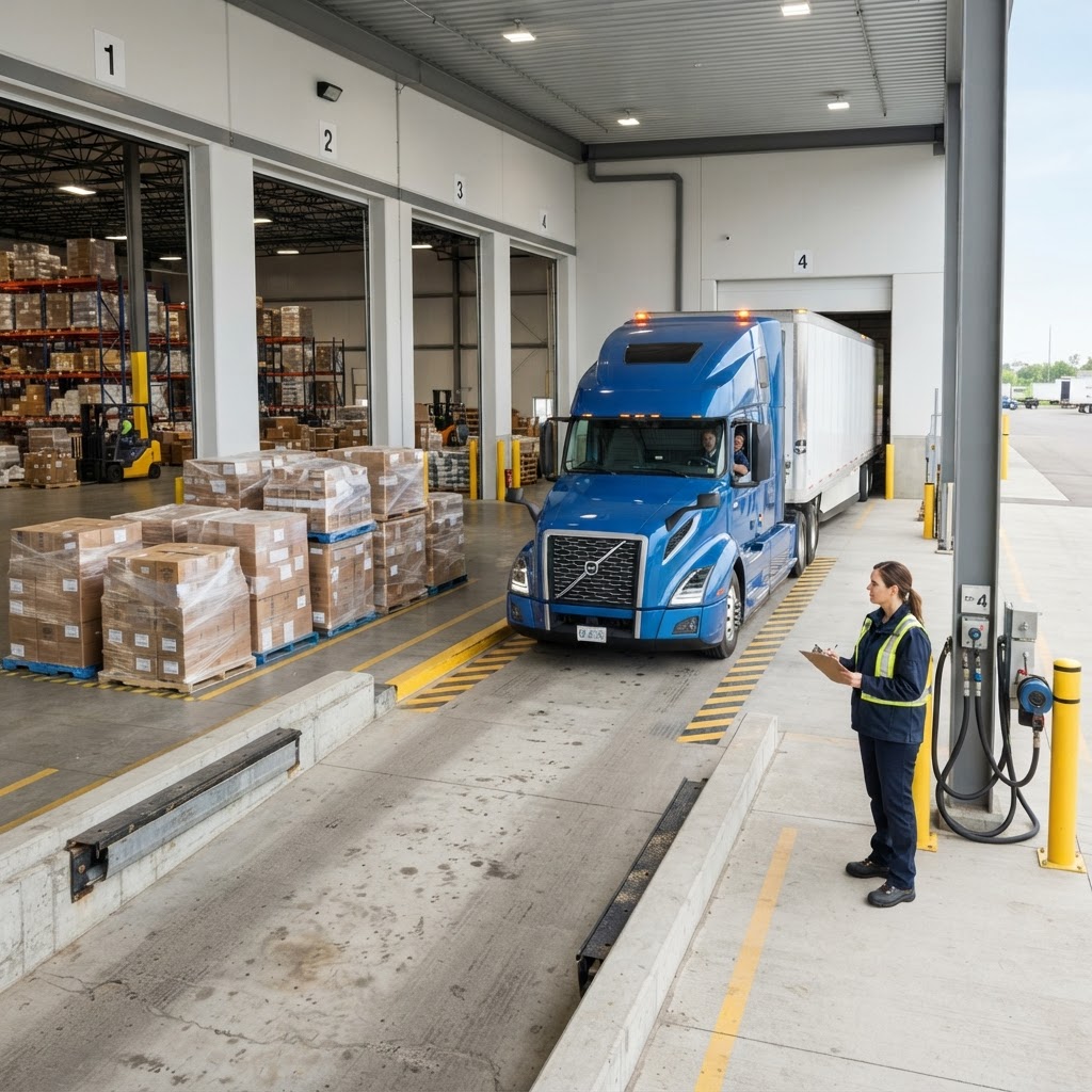 Logistics manager overseeing a truck arrival at a warehouse