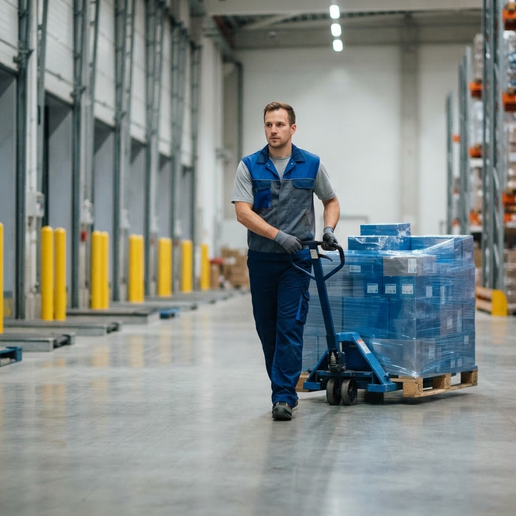 Warehouse worker moving pallets across a clean floor