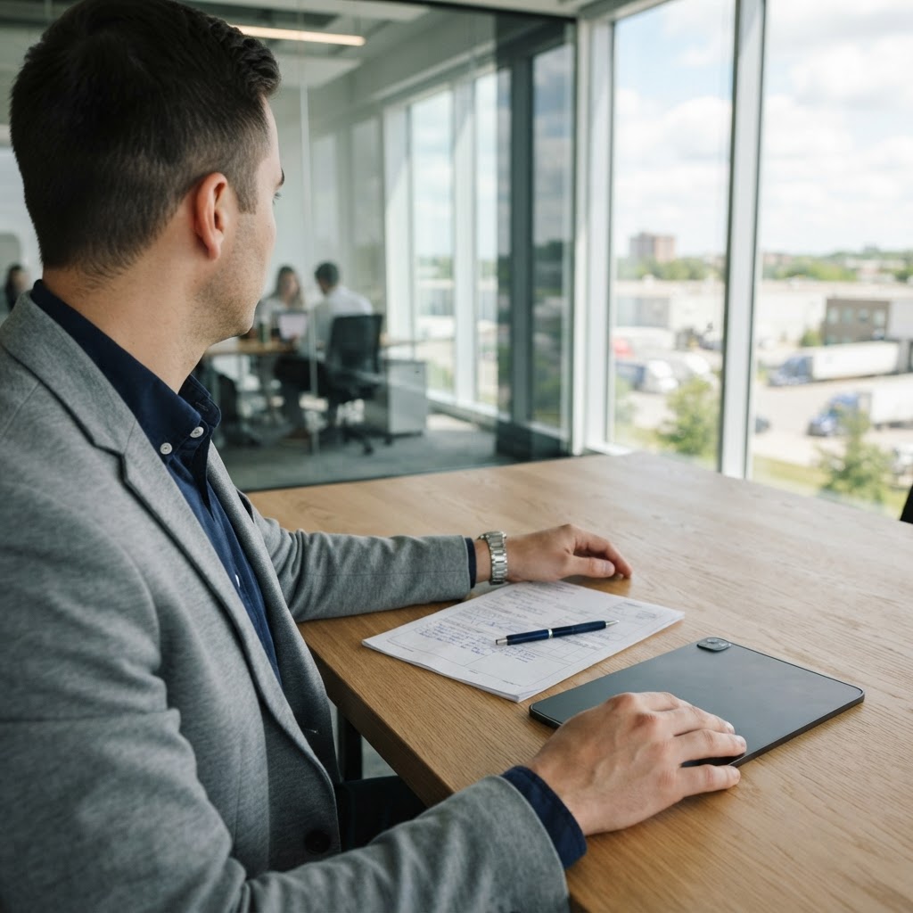 Logistics manager reviewing paperwork at a desk