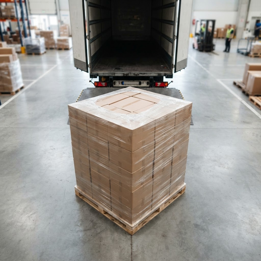 Neatly stacked and wrapped freight on a warehouse floor