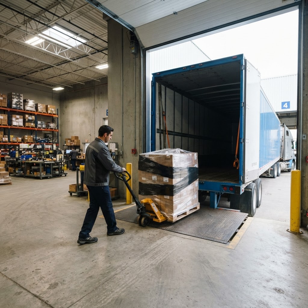 Worker loading a pallet into a transport trailer