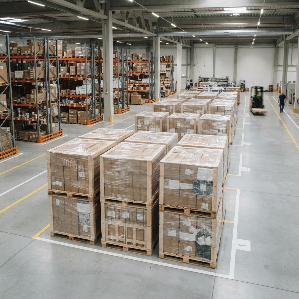 Neatly staged pallets in a warehouse