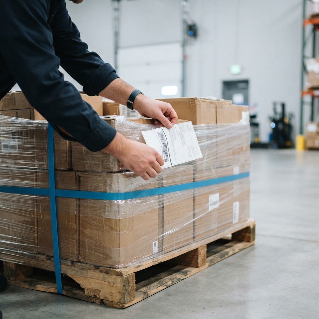 Hands attaching a label to a pallet in a warehouse