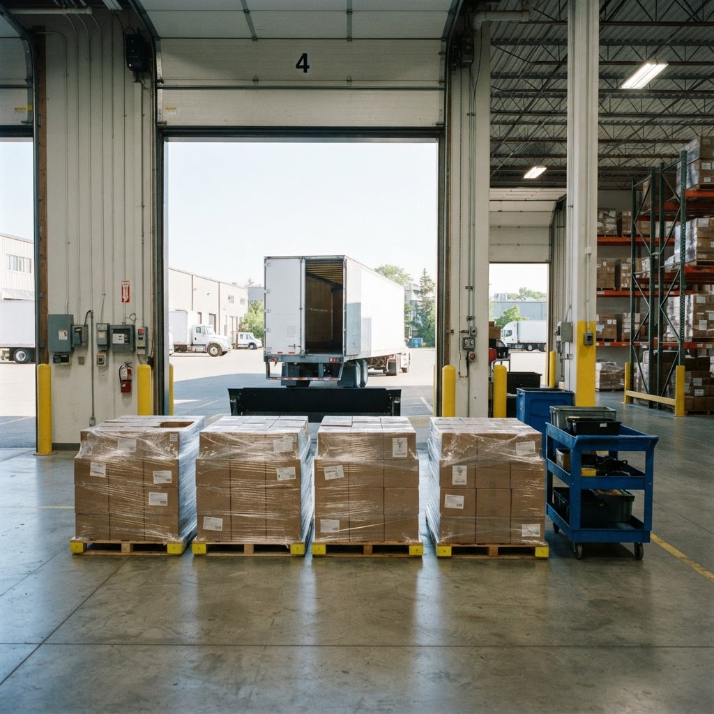 Loading bay with freight pallets and a parked truck