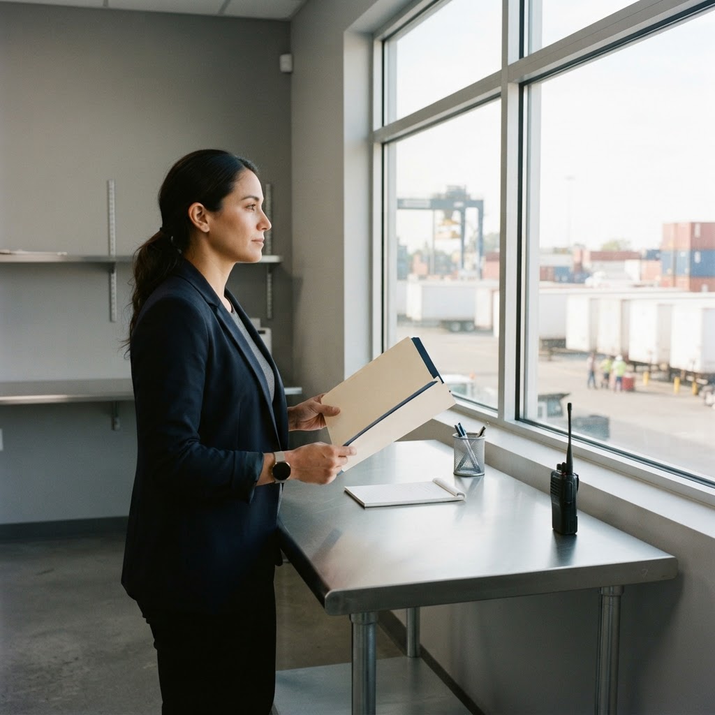 Logistics professional looking out at a shipping yard