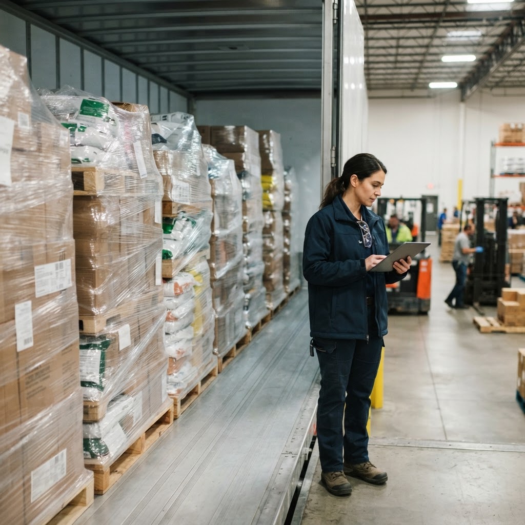 Logistics coordinator overseeing pallet loading inside a trailer