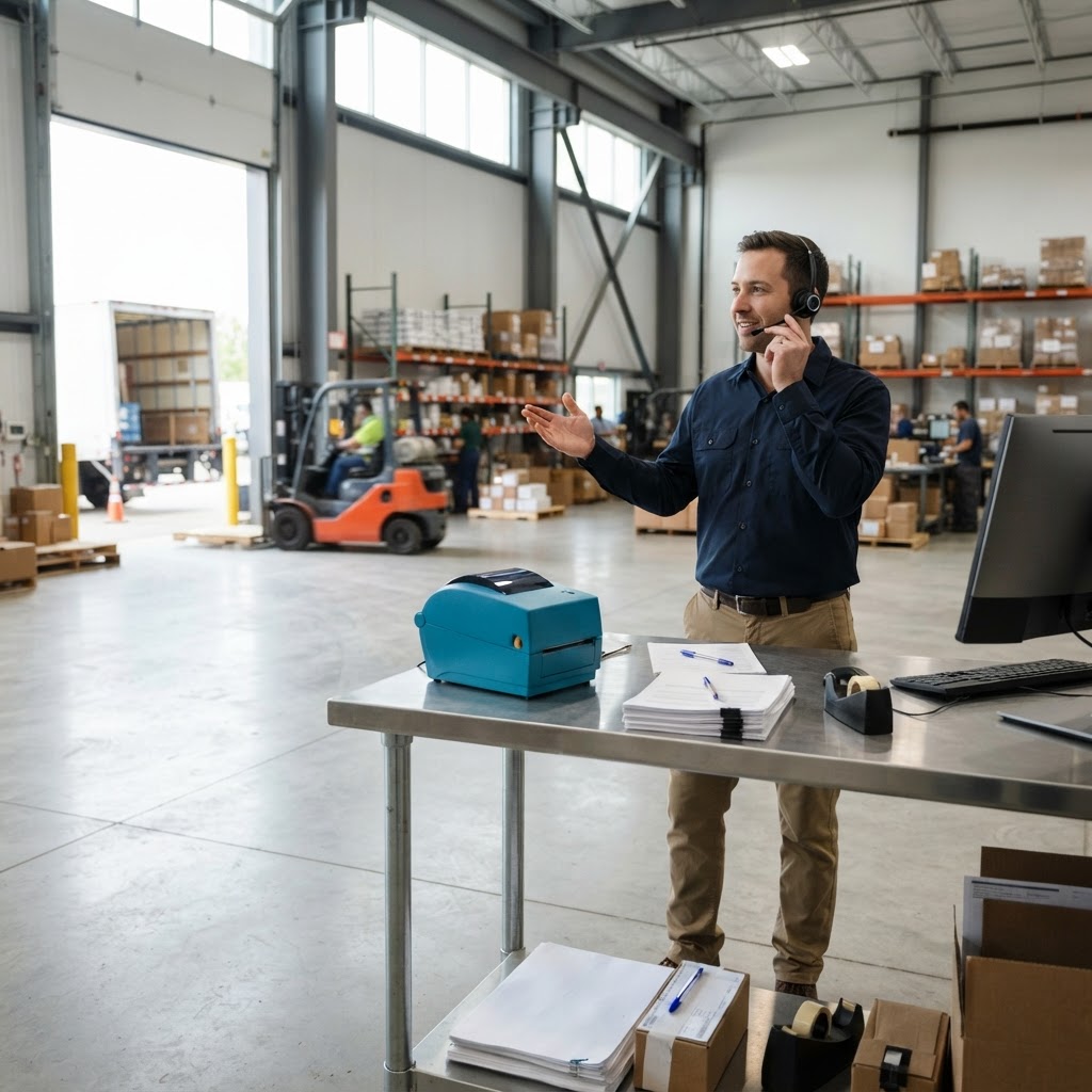 Logistics manager coordinating shipments in a modern warehouse