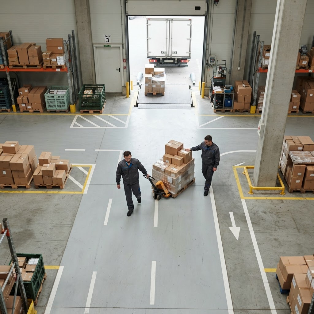 Two warehouse staff moving palletized freight in a clean facility