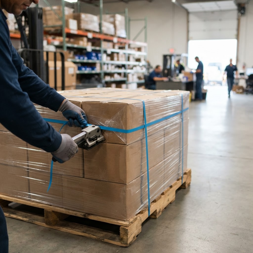 Warehouse worker securing a pallet with blue shipping bands