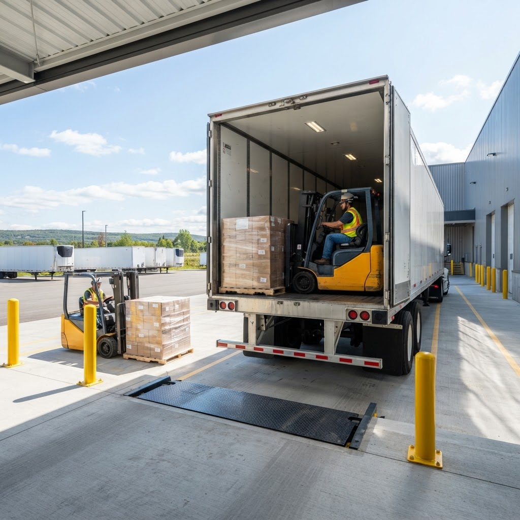 Forklift loading palletized freight at a shipping dock