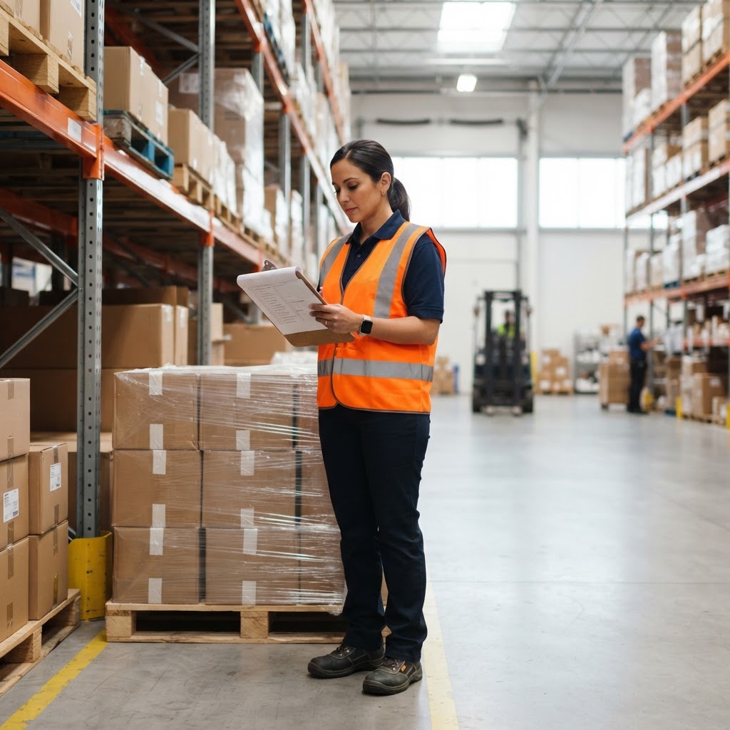 Logistics manager reviewing shipping documents in a warehouse