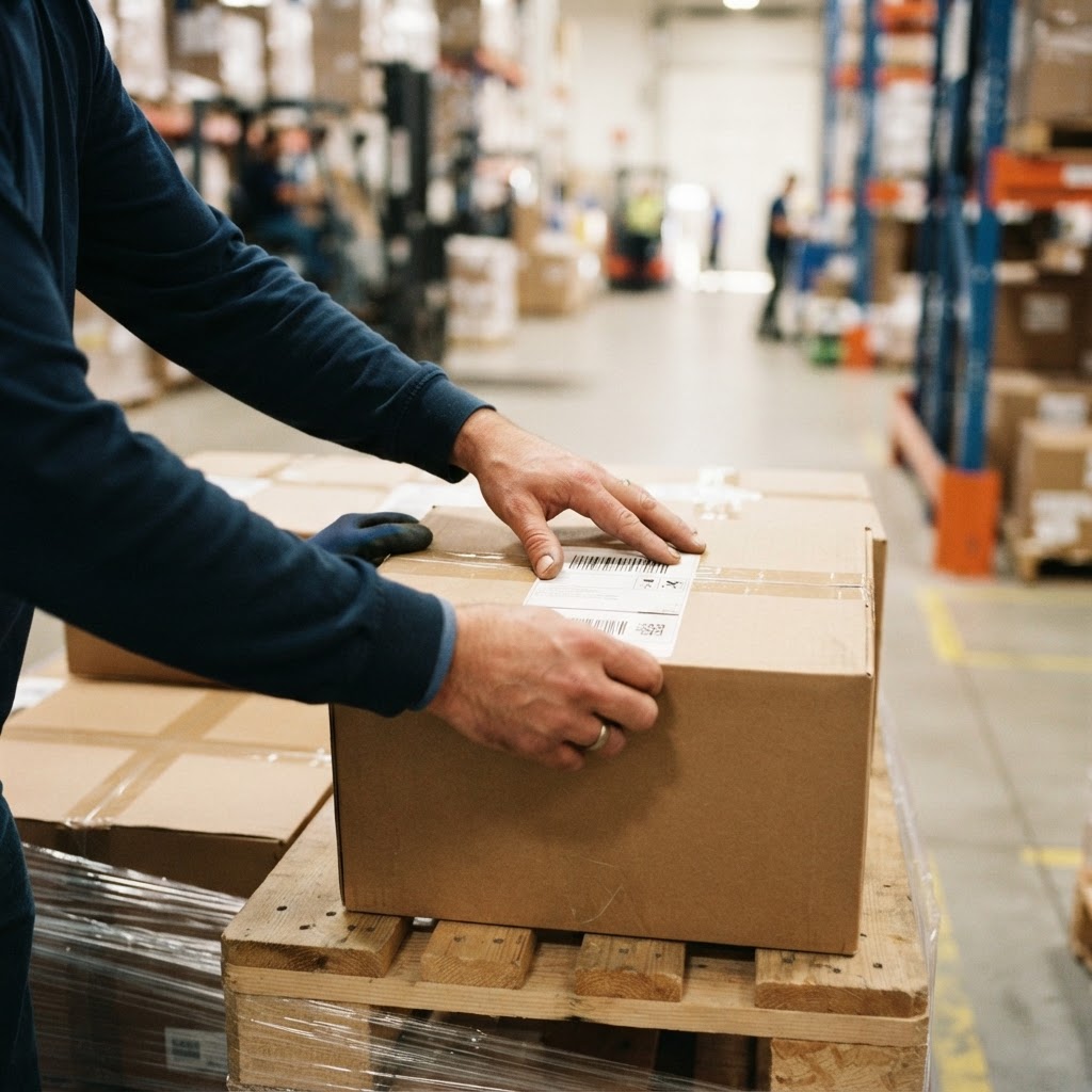 Worker preparing freight shipment in an organized warehouse