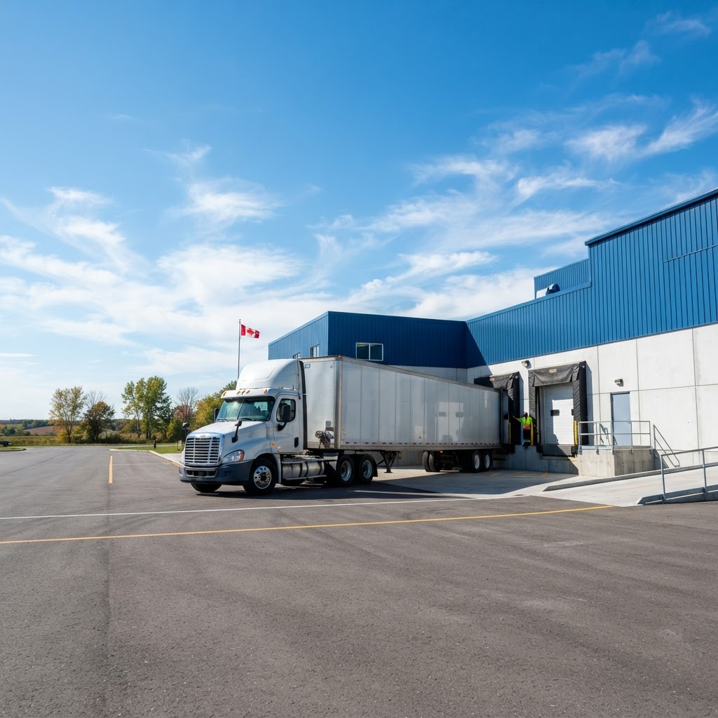 Transport truck backing into a loading dock