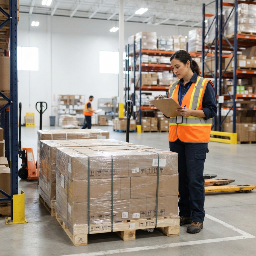 Warehouse coordinator checking neat pallets for shipping