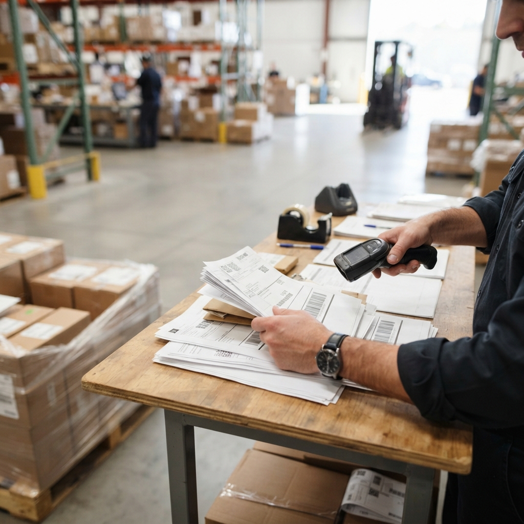 Worker scanning freight labels in a clean warehouse