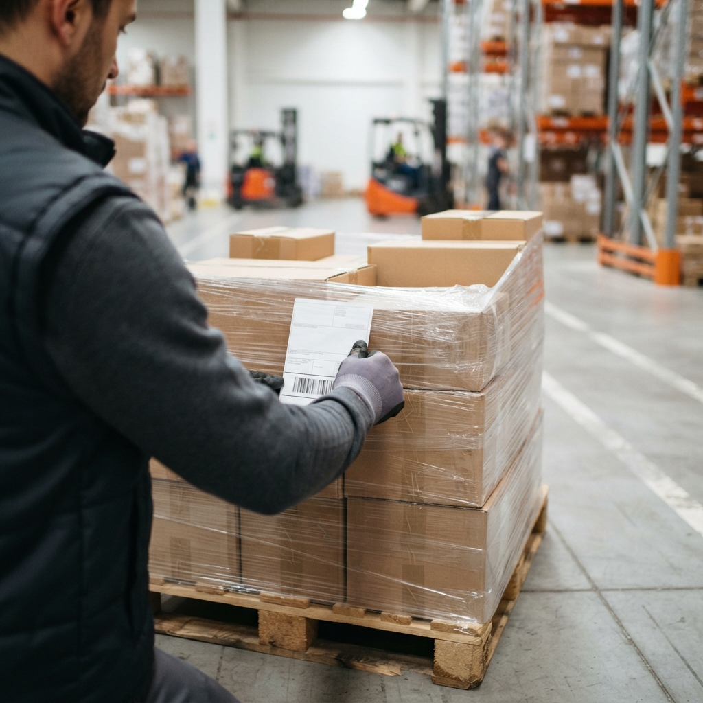 Applying a shipping label to a pallet of goods