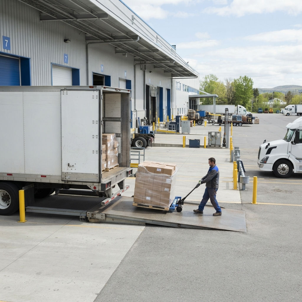 Loading a freight pallet into a transport truck