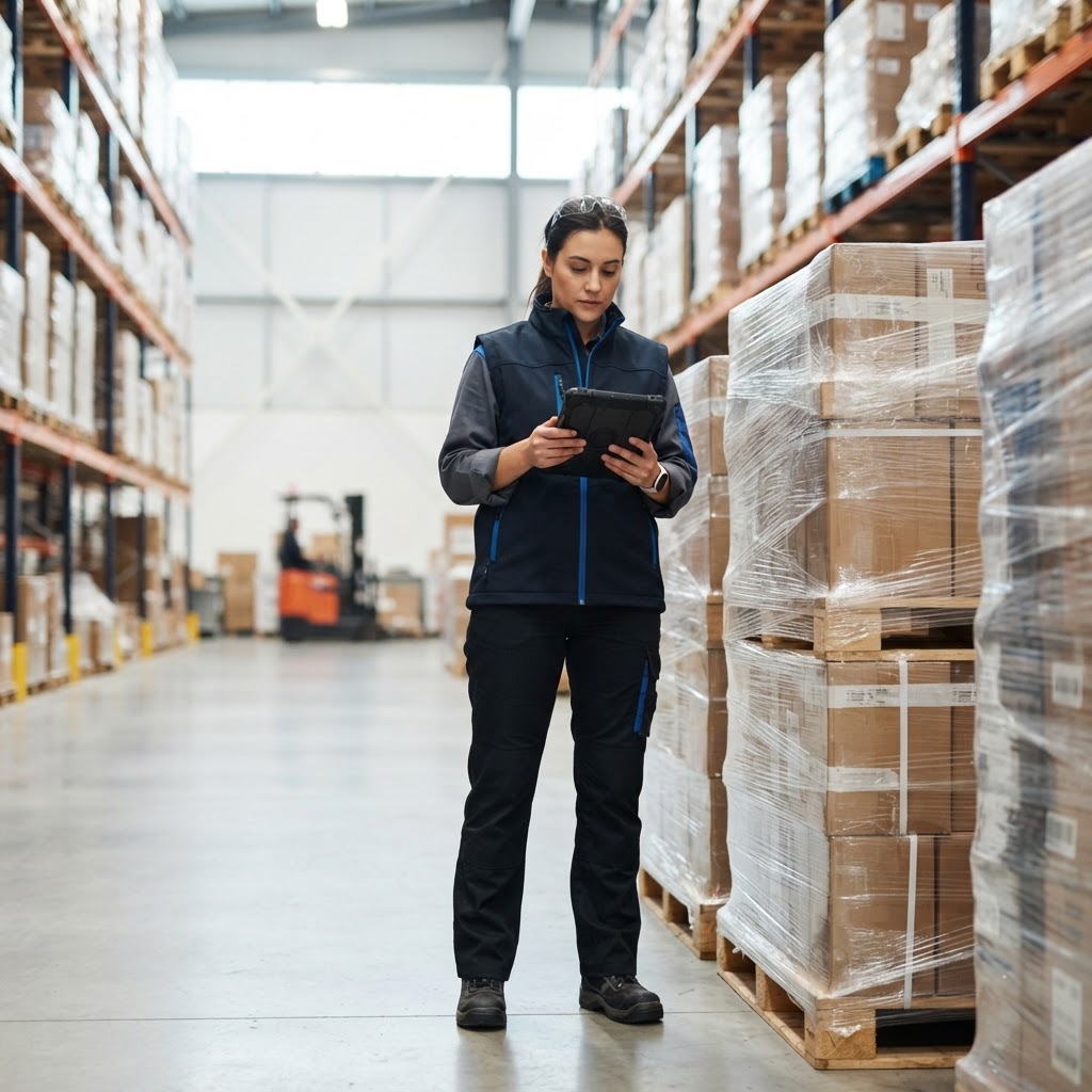 Warehouse worker reviewing a shipping manifest on a tablet