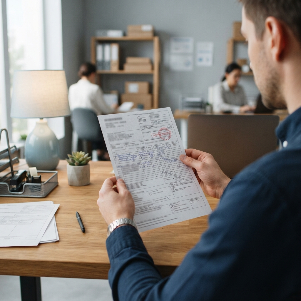 Hands reviewing shipping documentation at a desk