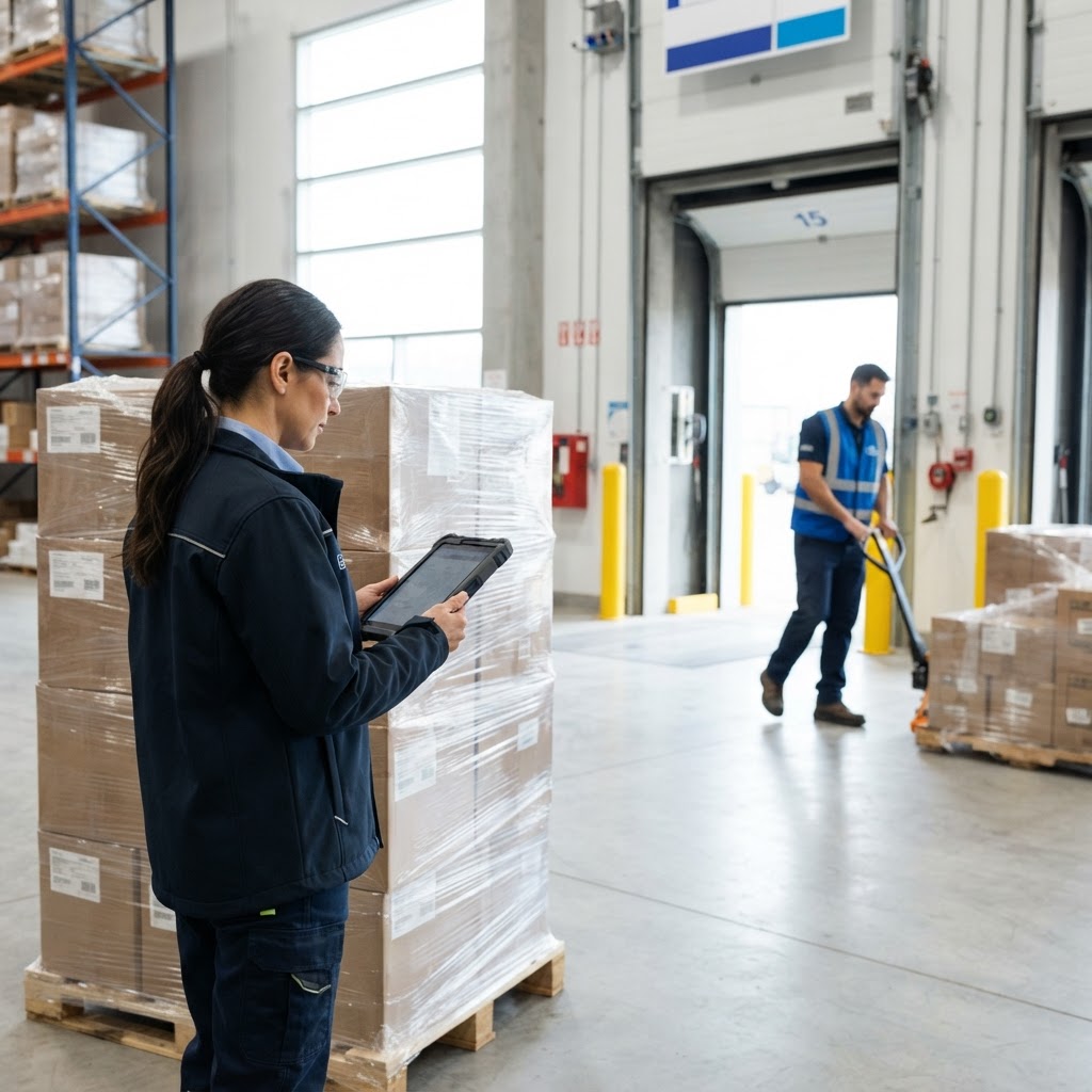 Warehouse manager reviewing shipment on a tablet