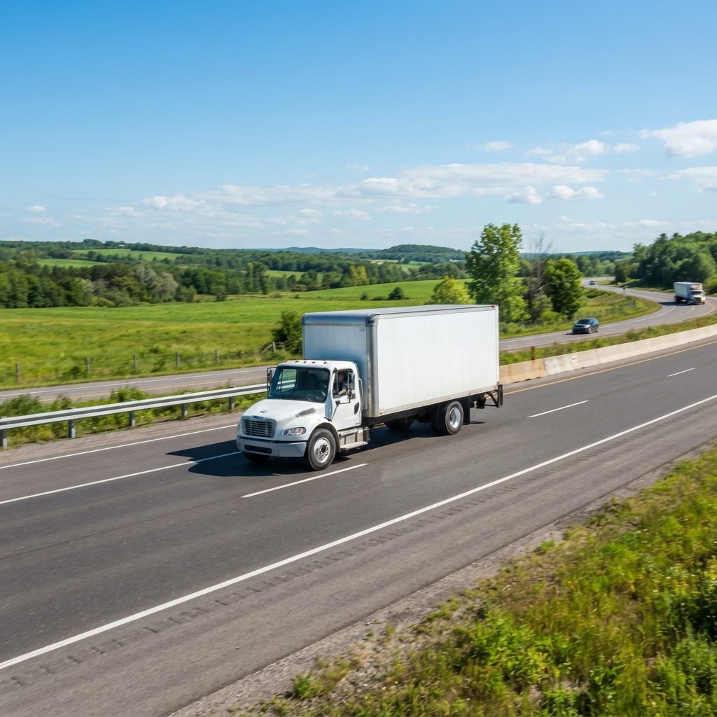 A transport truck driving on a sunny highway
