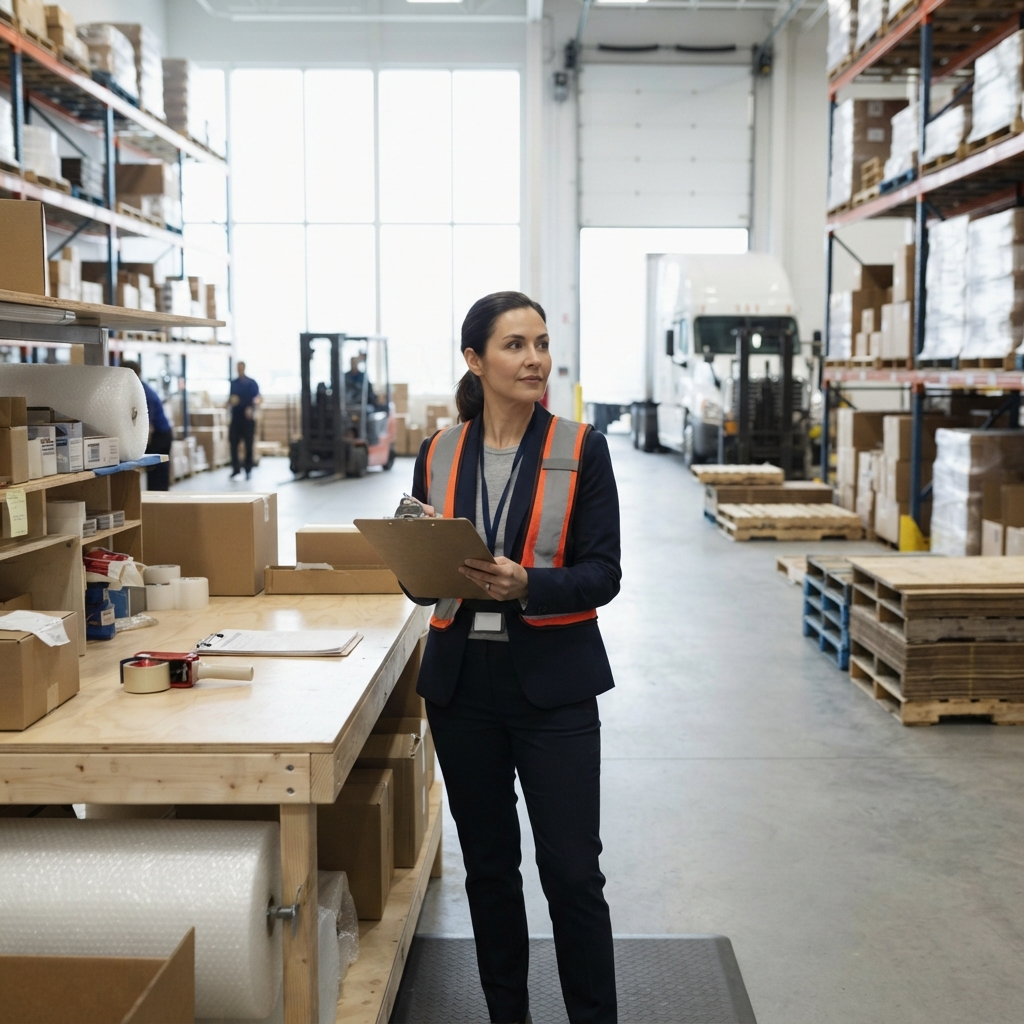Logistics manager overseeing shipment in a clean warehouse