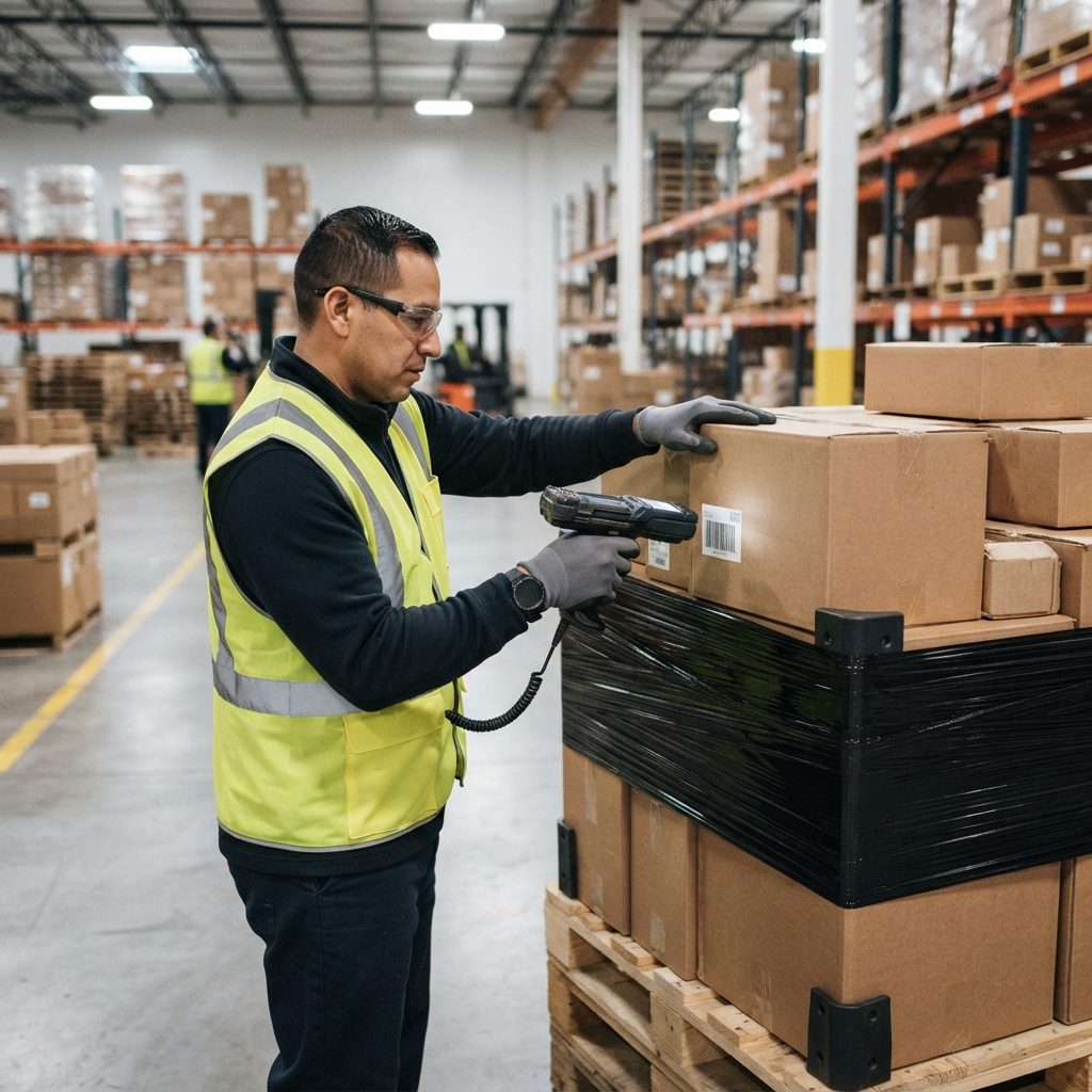 Worker scanning a pallet of goods in a warehouse