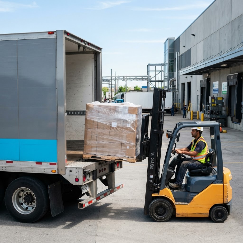 Forklift operator loading a pallet onto a freight truck