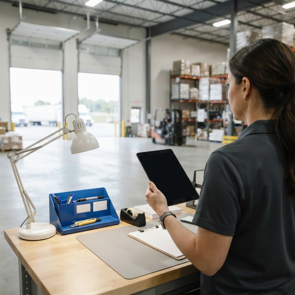 Logistics manager reviewing logistics workflow at a warehouse desk