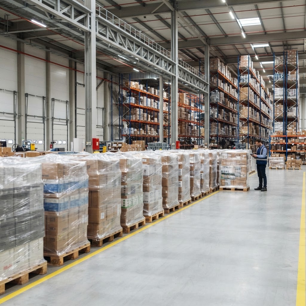Rows of organized pallets inside a clean warehouse