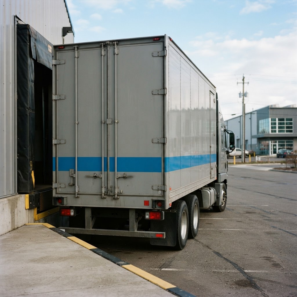 Rear view of a freight truck at a loading bay