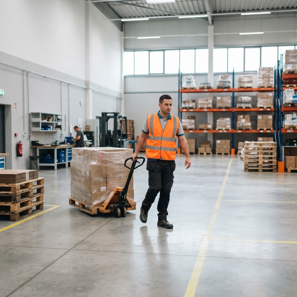 Warehouse worker moving a pallet of goods