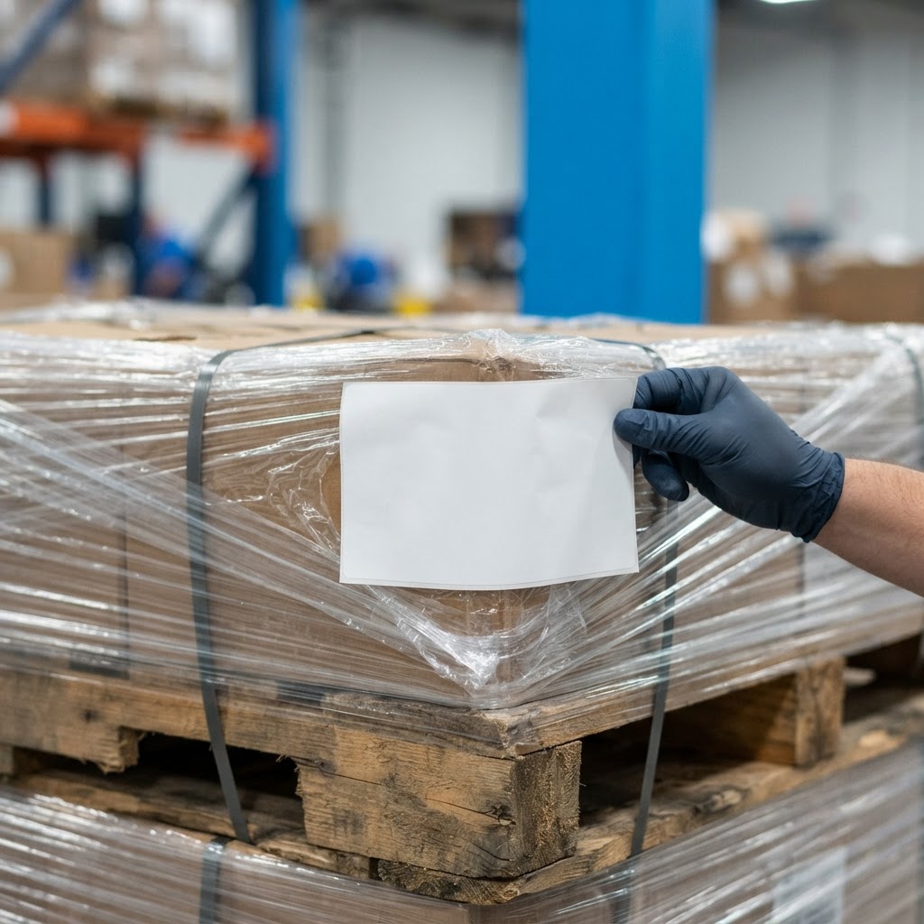 Close up of a shipping label on a pallet