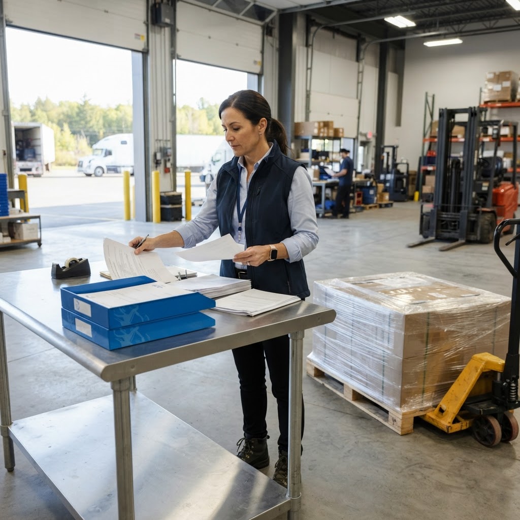 Logistics manager organizing shipping documents at a warehouse dock