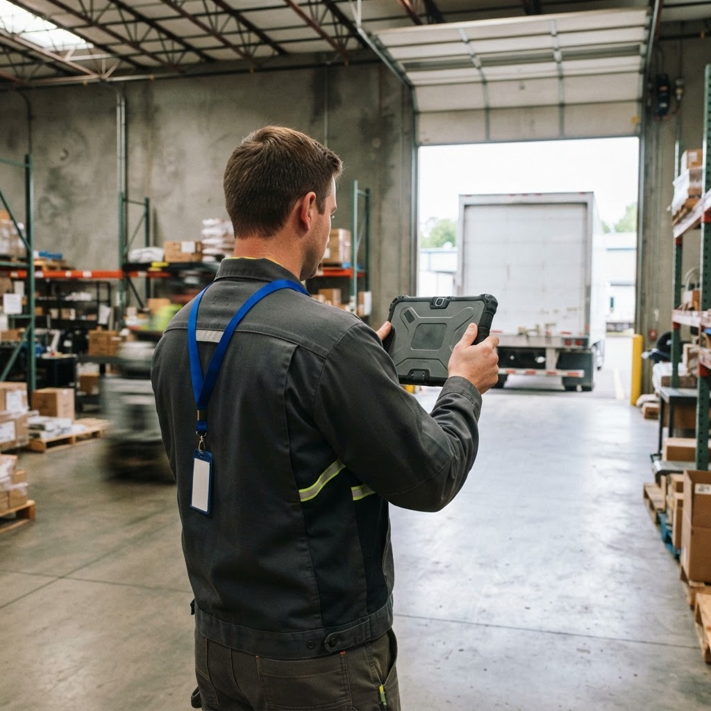 Warehouse worker using a tablet while coordinating with a carrier