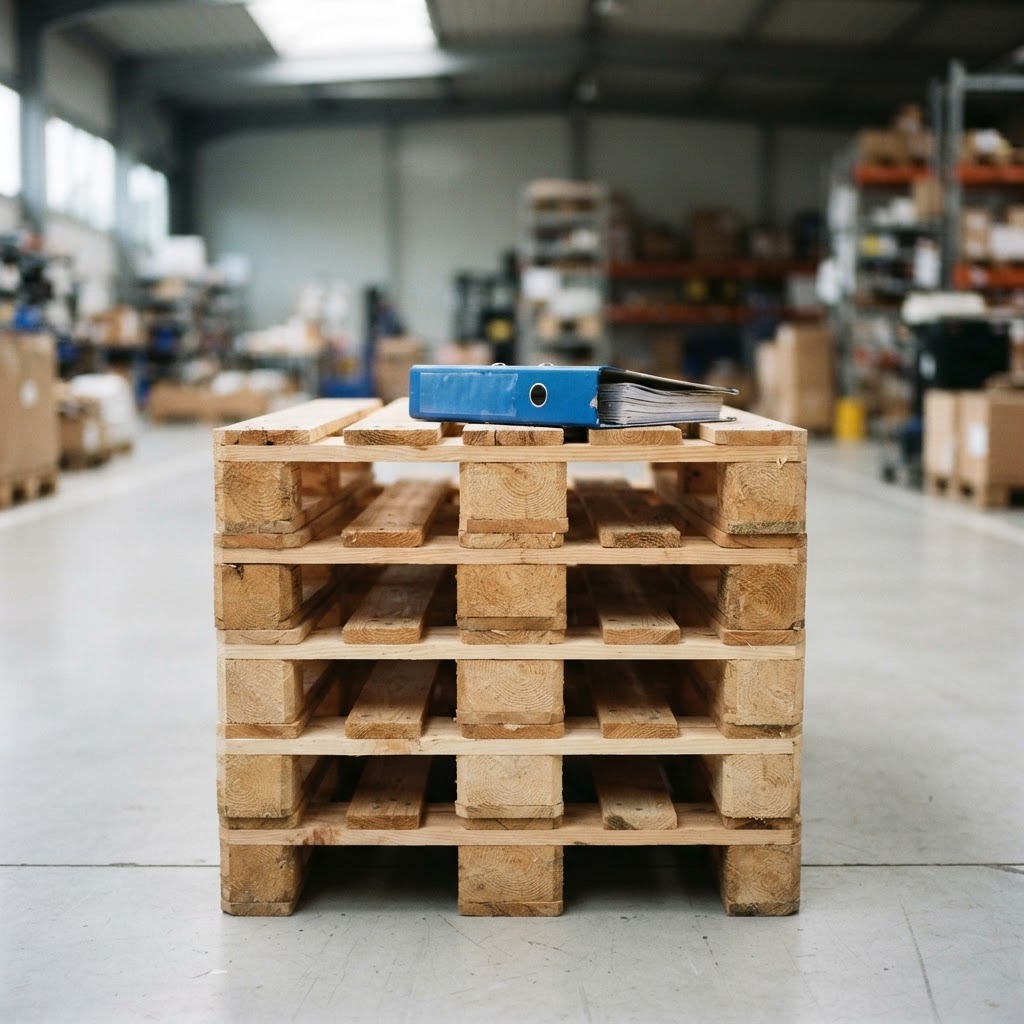 Blue binder on a stack of wooden pallets in a warehouse