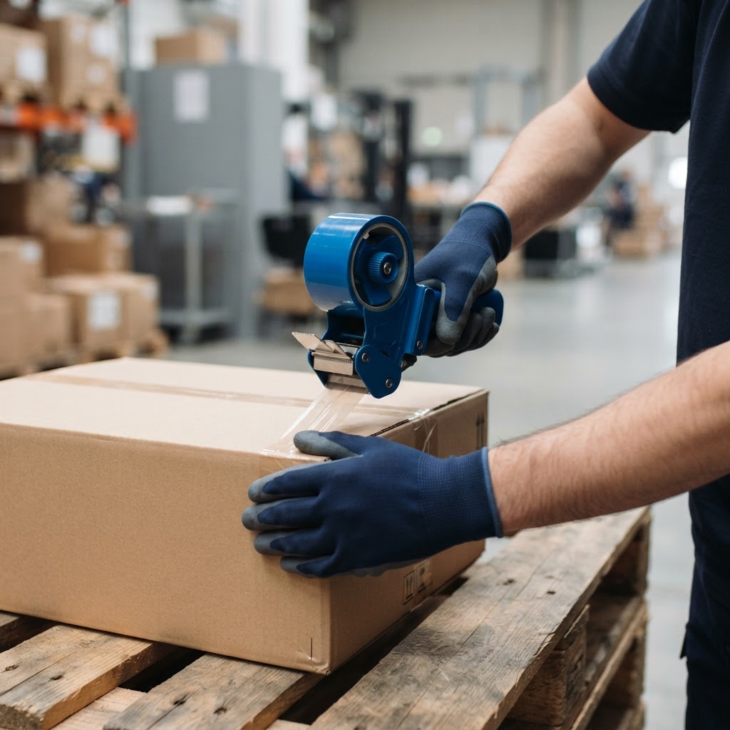 Close up of warehouse worker securing a shipment