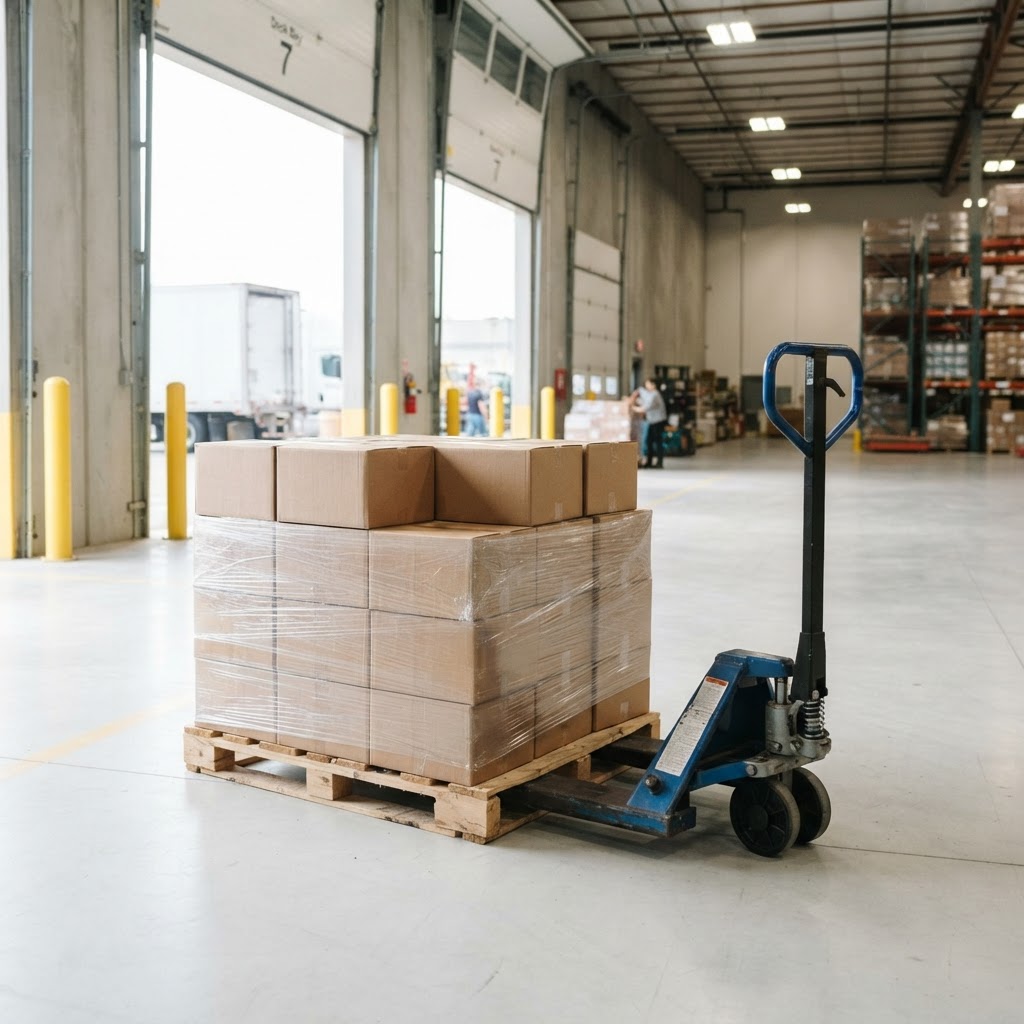 Neatly wrapped pallet on a pallet jack in a bright warehouse