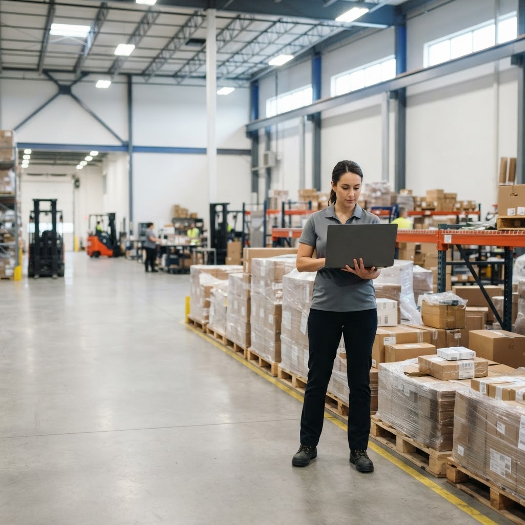 Warehouse manager checking logistics on a laptop