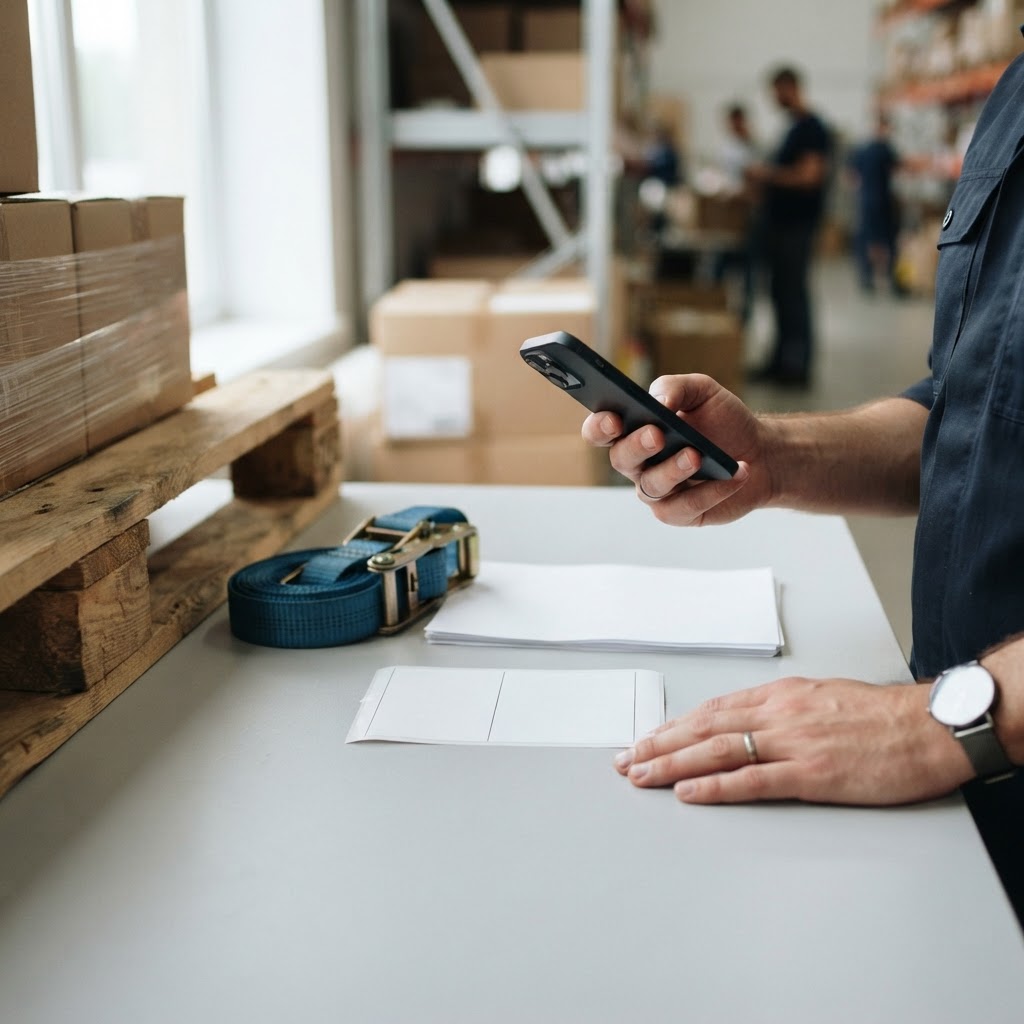 Logistics manager preparing shipping documents on a warehouse table