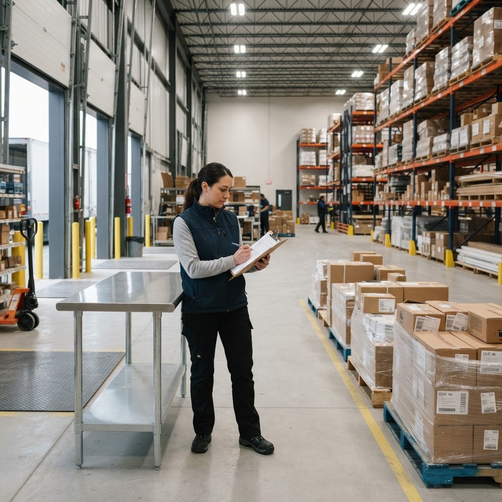Shipping coordinator inspecting stacked pallets on a loading dock