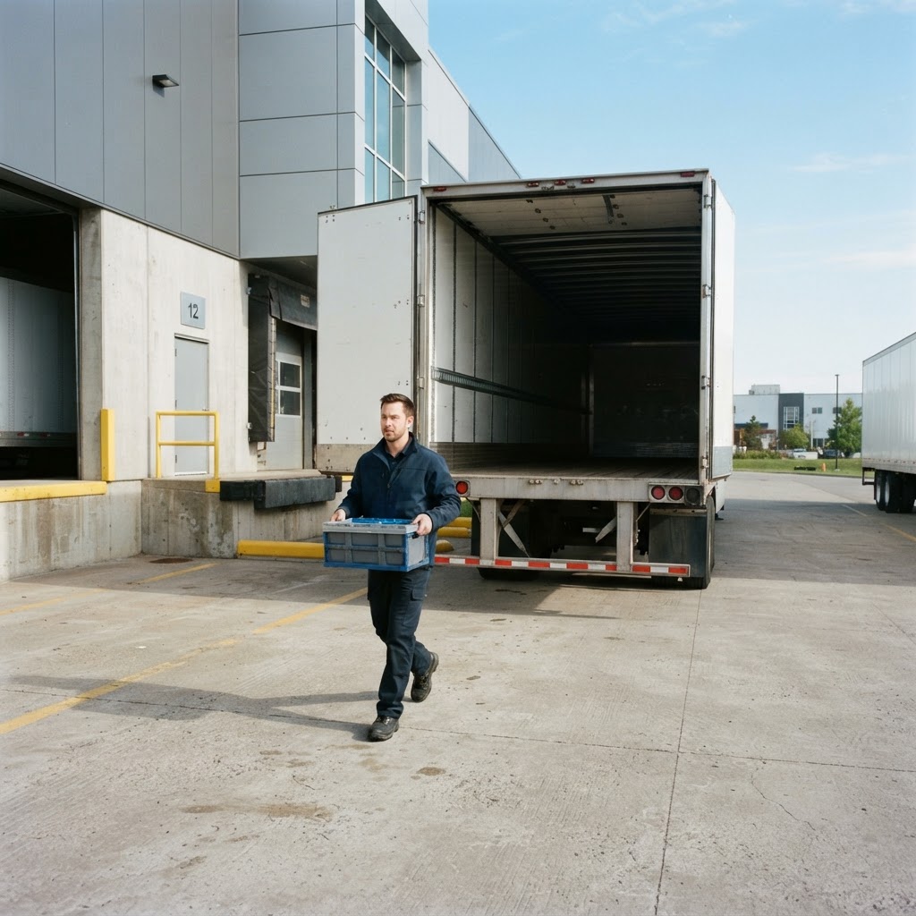 Warehouse worker walking away from a transport trailer at a dock